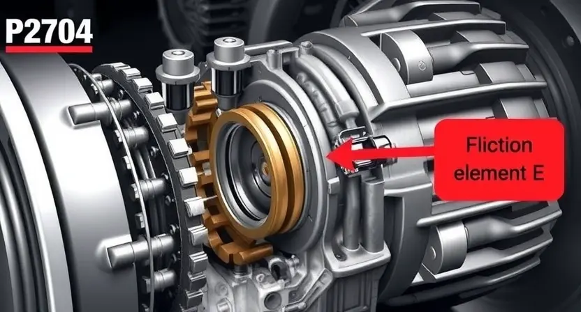 A detailed illustration of a transmission system with a highlighted friction element (E) showing wear and tear. The image should emphasize the internal components and the potential cause of the P2704 error. Focus on mechanical accuracy and realistic depiction of the friction element's condition.
