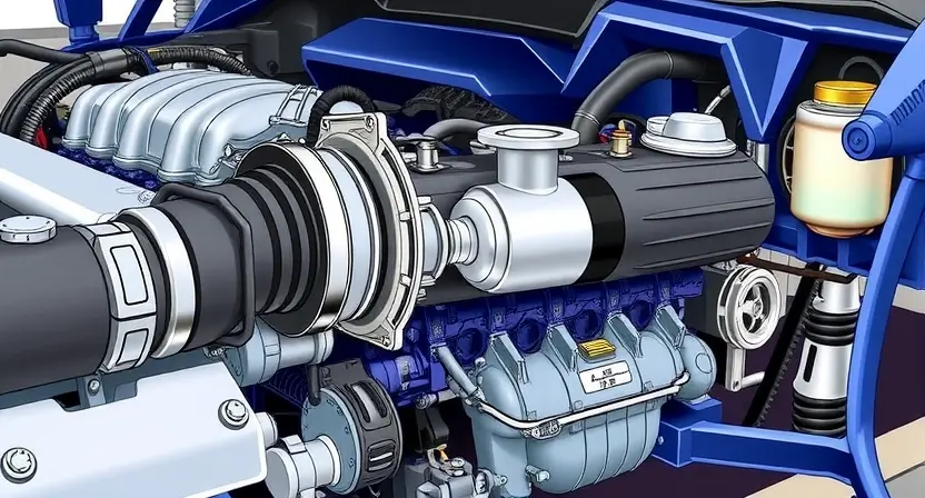 A detailed illustration of a car engine with a highlighted oxygen sensor, showing its location and connection to the exhaust system. The image should depict the engine components in a realistic and technical manner, emphasizing the oxygen sensor's role in the engine's operation. The background should be a clean, well-lit workshop setting with tools and diagnostic equipment subtly present.