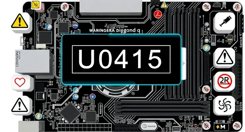 A high-quality technical illustration showing a computer motherboard with a highlighted error code U0415 displayed on a diagnostic screen, surrounded by icons of warning signs and safety symbols, clean and professional visual style