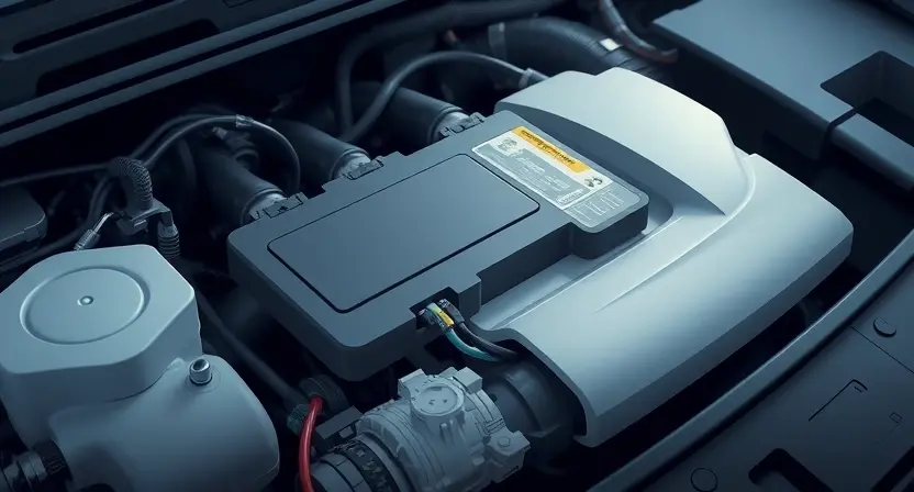 A close-up illustration of a car's engine bay, highlighting the battery control module and its wiring. Focus on the connections and sensors related to the energy control system. Use a clean, technical aesthetic with subtle lighting to emphasize the components.