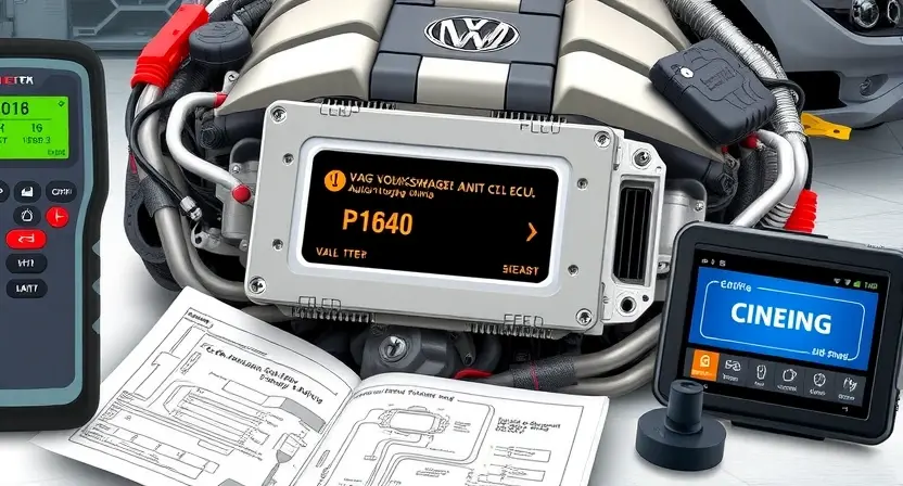 A detailed illustration of a modern VAG (Volkswagen Audi Group) vehicle's engine control unit (ECU) with a highlighted error code P1640 displayed on a diagnostic scan tool screen. The ECU should be surrounded by various automotive diagnostic tools and wiring diagrams. Focus on the electronic components and connections within the ECU. The background should be a clean, professional automotive workshop environment.