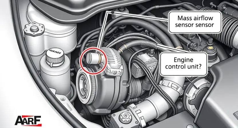A detailed illustration of a car's engine bay, highlighting the mass airflow sensor (MAF sensor) and its connection to the engine control unit (ECU). The sensor should be clearly visible, with wires and hoses around it. Focus on technical accuracy and clarity.