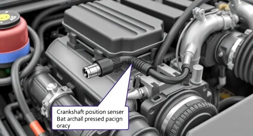 A detailed illustration of a car's engine bay, focusing on the crankshaft position sensor. The sensor should be clearly visible, with wiring and connectors highlighted. Include a background showing the engine components in a slightly blurred style.