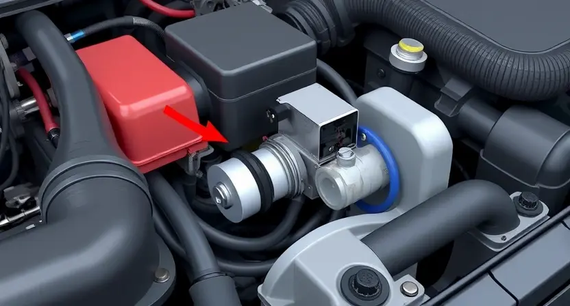 A close-up, detailed illustration of an ABS solenoid valve within a car's engine bay. Highlight the solenoid coil and wiring connections. Focus on the physical components of the solenoid.