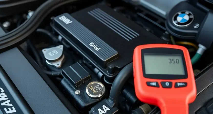 A close-up, detailed image of a BMW engine bay. Focus on the engine control unit (ECU) and related wiring harnesses. The engine should appear clean and well-maintained. Subtle hints of diagnostic tools (like a scan tool displaying a code) can be included but should not be the primary focus.