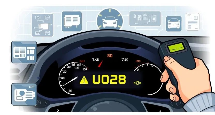 A high-quality technical illustration showing a car dashboard with an illuminated error code U0028 warning light, surrounded by schematic diagrams of automotive electronics and a mechanic's hand holding a diagnostic scanner, clean background, no text or numbers on the image