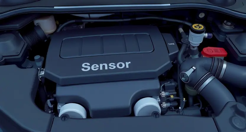 A close-up, detailed illustration of a car engine bay. Focus on the sensor area, highlighting a faulty sensor with a visual representation of a malfunction (e.g., a broken wire, a distorted signal). The overall scene should convey a sense of technical inspection and potential repair. The engine should be clean and well-maintained, but with a clear indication of the problem area. Use realistic lighting and textures to emphasize the mechanical details.