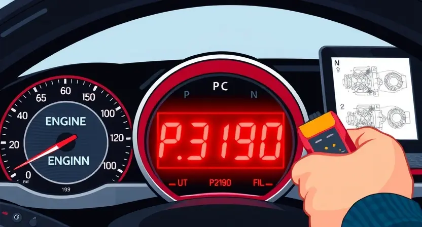 A high-quality technical illustration showing a car engine warning light on a dashboard with a red P3190 error code displayed prominently, accompanied by diagnostic tools like a laptop with engine schematics and a mechanic's hand holding a multimeter, all rendered in the style "HQ-832-448-h"