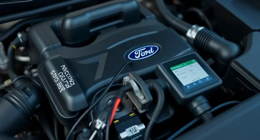A close-up, detailed shot of a Ford vehicle's engine bay. Focus on the engine control unit (ECU) and related wiring harnesses. The engine should appear clean and well-maintained. Subtle visual cues suggesting a diagnostic scan tool connected to the ECU would be beneficial, but avoid showing the screen of the tool.