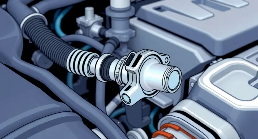 A close-up, detailed illustration of a car engine bay with a focus on the engine's oxygen sensor. The sensor should be clearly visible, with surrounding engine components subtly in focus. Use bright, clean lighting to highlight the sensor's details. The overall composition should be professional and informative, suitable for a repair manual.