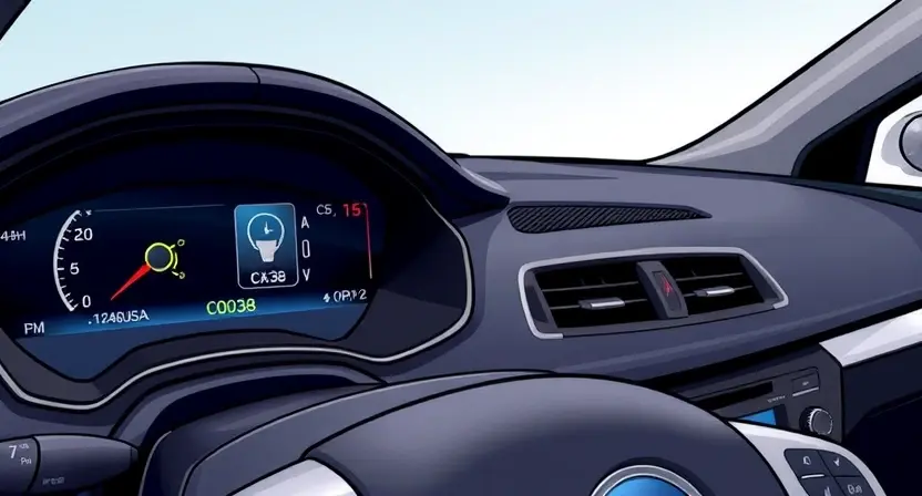 A detailed illustration of a car's dashboard with a diagnostic screen displaying the error code C0038. The screen should show a visual representation of a speed sensor and a warning symbol. The car's interior should be realistically depicted, focusing on the dashboard area.