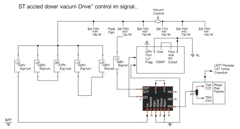 A detailed schematic diagram of a vacuum drive control circuit, highlighting the signal path and components. The diagram should be clean, well-labeled, and visually represent the flow of signals. Focus on the electronic components and their connections.
