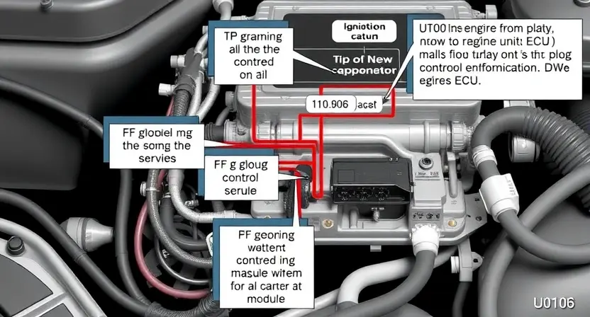 A detailed diagram illustrating a car's engine control system, specifically highlighting the ignition system and the communication pathway between the engine control unit (ECU) and the glow plug control module. Show wires, connectors, and components clearly labeled. Focus on the connection points and potential points of failure related to the U0106 error.