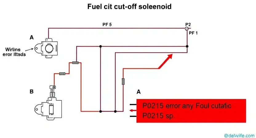 A detailed schematic diagram of an automotive fuel cut-off solenoid and its electrical circuit. Include wiring, the solenoid itself, and a visual representation of the P0215 error code. The diagram should be clean, well-labeled, and easy to understand.