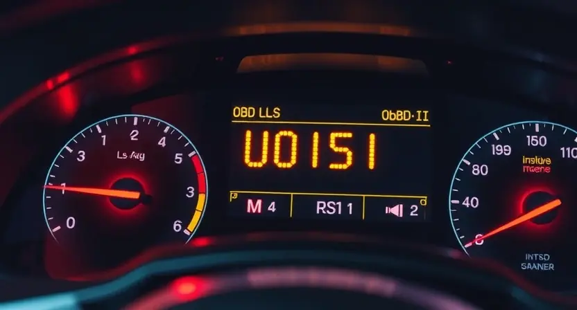 A modern car dashboard with a glowing check engine light and diagnostic trouble code U0151 displayed on an OBD-II scanner screen, surrounded by subtle digital circuit patterns and faint wiring harness silhouettes in the background, high detail, realistic lighting, automotive tech theme