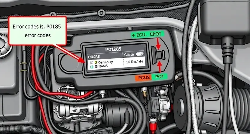 A detailed illustration of an automotive engine control unit (ECU) with various diagnostic tools connected to it. The ECU should be highlighted, and wires and connectors should be clearly visible. A digital display showing error codes related to P0185 should be present.
