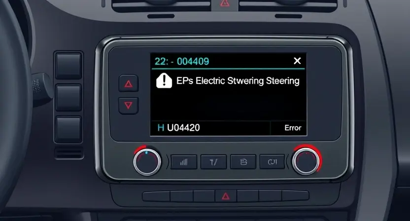 A high-quality technical illustration showing an automotive electronic control unit with a highlighted EPS (Electric Power Steering) module, error code U0420 displayed on a diagnostic screen, clean digital interface, professional lighting, no text or numbers on the image, style: HQ-832-448-h