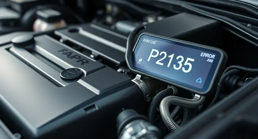 A close-up, detailed illustration of a car engine with a highlighted P2135 error code displayed on a dashboard screen. Focus on the engine components and the error message.