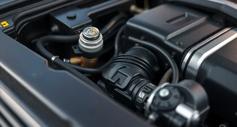 A close-up of a car's engine bay, focusing on the coolant temperature sensor and surrounding components. The engine should appear clean and well-maintained. Subtle visual cues indicating a normal operating temperature are desired (e.g., a slightly warm-toned glow on some parts).