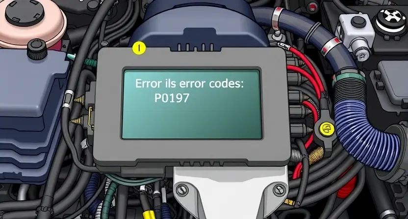 A detailed illustration of an automotive engine control unit (ECU) with various sensors and wiring. The engine bay should be visible in the background, showing a portion of a car engine. Focus on the ECU's display showing error codes, specifically P0197.
