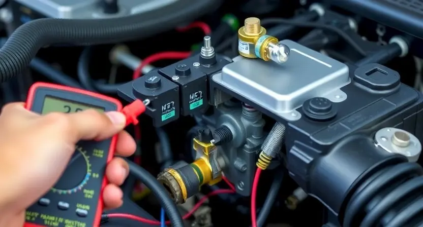 A close-up of a car engine solenoid valve being tested with a multimeter, showing electrical connections and wiring harness, with a mechanic's hand holding the probe, in a well-lit garage setting, realistic detail, no text or labels