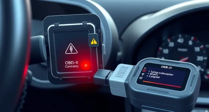 A technical illustration of a vehicle's electronic control module with a warning light indicating loss of communication with the instrument panel, showing a diagnostic scanner connected to the OBD-II port, clean automotive workshop background, high detail, professional lighting