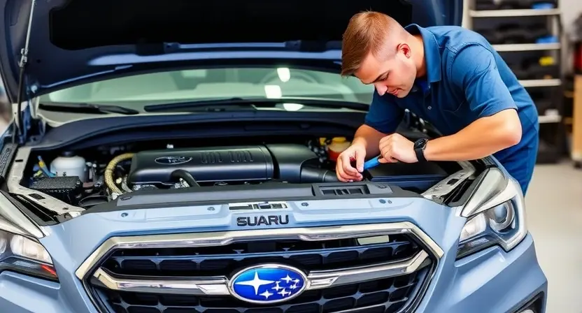 A Subaru car engine bay with a mechanic inspecting the engine. Focus on the engine components and diagnostic tools. The scene should convey a sense of professional automotive repair and maintenance. The car should be a modern Subaru model. The background should be a clean and organized garage environment.