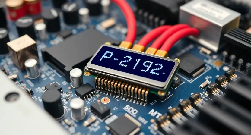 A close-up, detailed illustration of a computer motherboard with a highlighted P2192 error code displayed on a small LCD screen connected to the motherboard. Focus on the electronic components and the error message. The background should be blurred, suggesting a technical workspace.