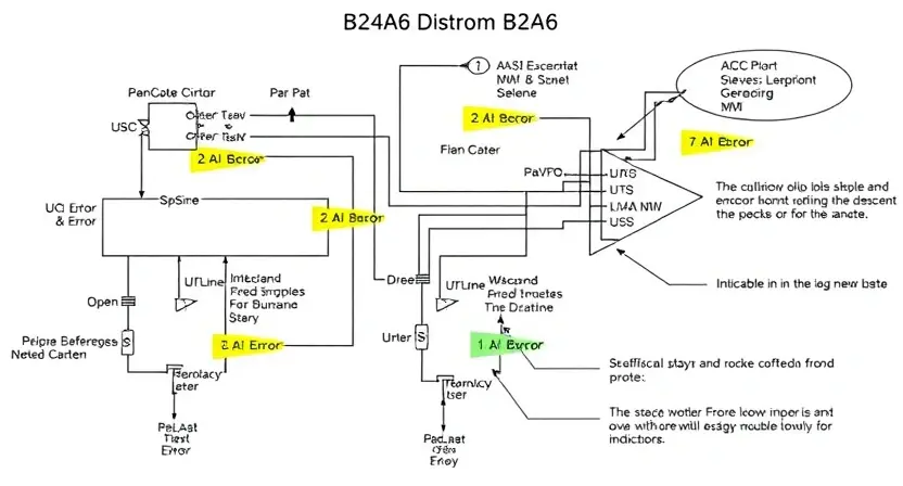 A detailed schematic diagram illustrating a B24A6 error, with highlighted components and potential causes. Include visual representations of circuit pathways and error indicators.