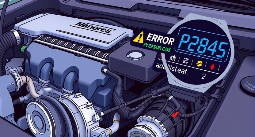 A detailed illustration of a car engine with a highlighted error code P2845 displayed on a digital dashboard. The engine should be realistically rendered, showing various components like pistons, valves, and belts. The dashboard should be modern and clearly show the error code with accompanying warning symbols. The background should be a slightly blurred garage setting.