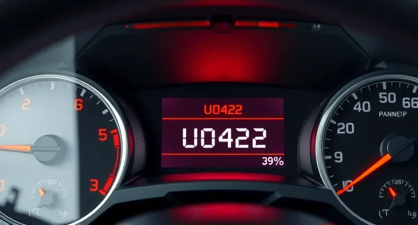 A modern car dashboard with a warning indicator light displaying error code U0422, surrounded by technical schematics and diagnostic tools, clean and professional visual representation of automotive error code U0422