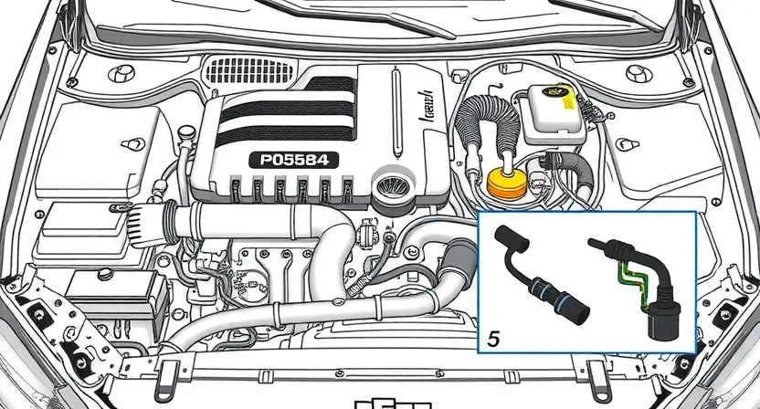 A detailed illustration of a car's engine bay, focusing on the ventilation system components. Include a diagram highlighting the P0586 error code location and the associated wiring. The image should be clean and professional, with clear labels for each part.