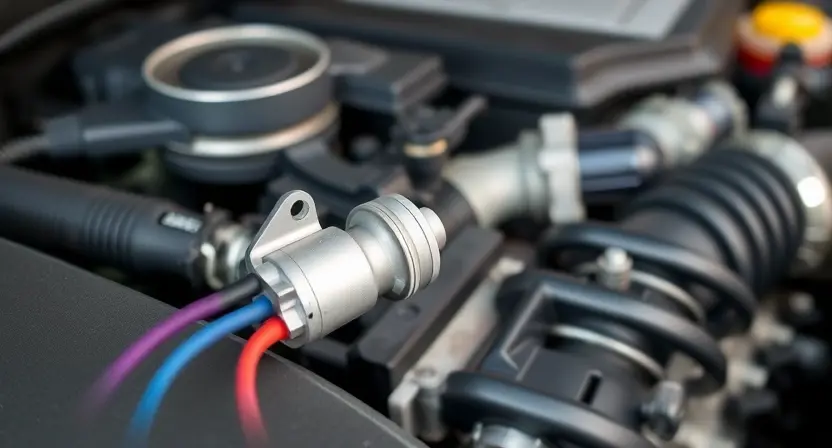 A close-up, detailed image of a car engine bay. Focus on the mass airflow sensor (MAF sensor) and its surrounding components. The engine should appear clean and well-maintained. The lighting should be bright and even, highlighting the sensor's details. The background should be slightly blurred to emphasize the MAF sensor. Show the sensor connected to the intake manifold with clean wiring.