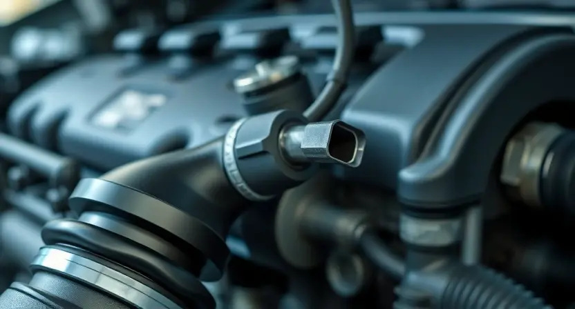 A close-up, detailed illustration of a car engine's intake manifold with a focus on the MAP sensor. The sensor should be clearly visible, with subtle highlights indicating its function in measuring manifold absolute pressure. The engine components should be rendered with realistic textures and lighting, emphasizing the mechanical complexity. The background should be blurred, suggesting a workshop environment.