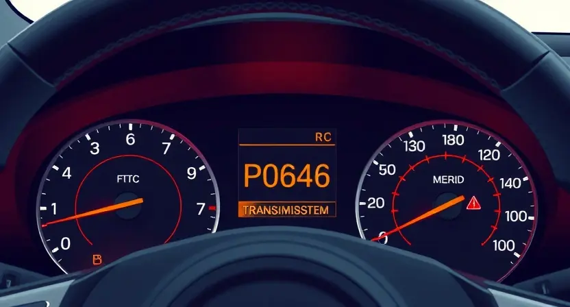 A detailed illustration of a car's dashboard with a diagnostic trouble code (DTC) display showing P0646. The dashboard should be brightly lit and clearly show the error code. Include visual cues representing the affected system (e.g., a symbol for the transmission).