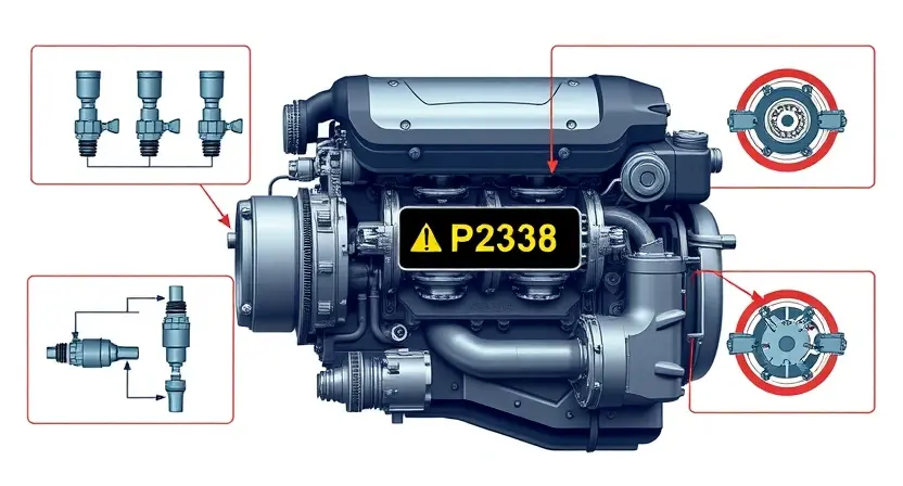 A high-quality technical illustration showing a modern diesel engine with the third cylinder highlighted, displaying a warning sign or error code P2338, surrounded by schematic diagrams of fuel injection timing and combustion chamber, clean lines, detailed mechanical components, no text or numbers on the image, professional automotive repair context, realistic lighting