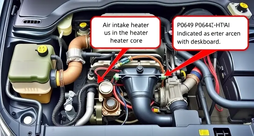 A detailed illustration of a car's engine bay, specifically focusing on the air intake heater circuit. Show wiring, connectors, and the heater core itself. Highlight the P0640 error code indicator on the dashboard.