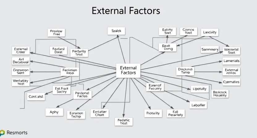 A complex diagram illustrating the impact of external factors on a system, with interconnected nodes representing various elements and arrows showing the flow of influence. The diagram should be visually appealing and informative, with clear labels and color-coding. Focus on showing how external factors can positively or negatively affect the system's performance.