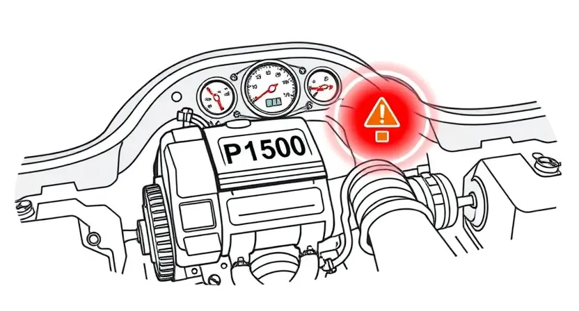 A high-quality technical illustration showing a car engine with a warning light on the dashboard, symbolizing an error code P1500, with clean lines and detailed components, no text or numbers visible