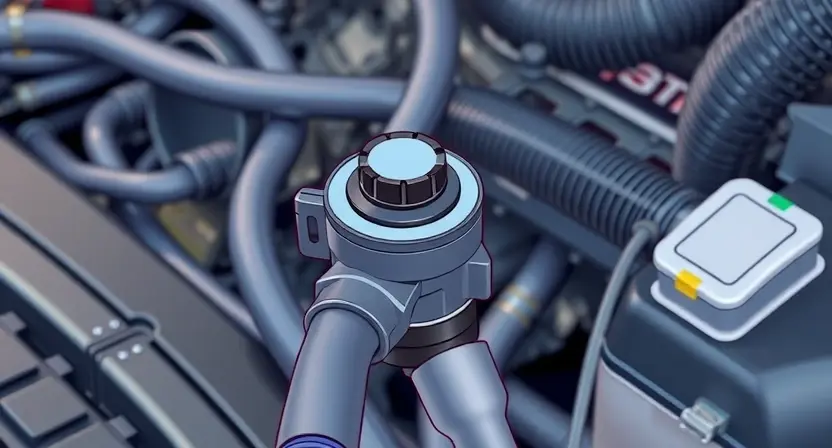A close-up, detailed illustration of a car's engine bay, focusing on the coolant temperature sensor and surrounding hoses. The sensor should be clearly visible, with emphasis on its connection to the cooling system. The overall scene should convey a sense of automotive mechanics and diagnostics. The background should be slightly blurred to keep the focus on the sensor.