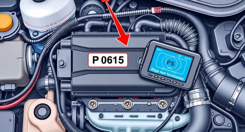 A detailed illustration of a car's engine control unit (ECU) with diagnostic trouble code P0615 highlighted. The ECU should be surrounded by various automotive components like sensors, wiring harnesses, and a dashboard. The image should clearly show the P0615 code displayed on a diagnostic screen connected to the ECU.