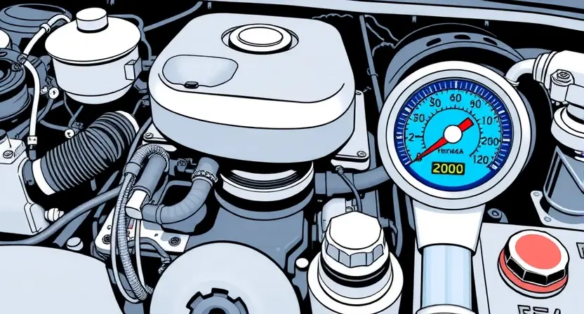A high-quality technical illustration showing a car engine with a highlighted thermostat and temperature gauge, indicating overheating issues, clean lines, detailed components, professional automotive diagram style