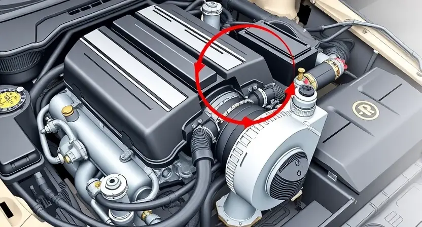 A high-quality technical illustration showing a car engine with a highlighted intake manifold leak, focusing on the intake collector area, with clear visual indicators of the leak such as air escaping, without any text, letters, or digits on the image