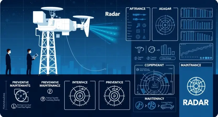 A high-quality technical illustration showing a modern radar system installation with engineers performing maintenance, clean digital interface elements, schematic diagrams of radar components, and preventive maintenance tools, all in a professional engineering style
