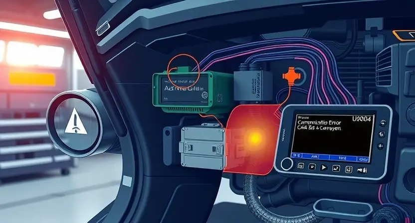 A detailed technical illustration of a car's CAN bus system showing a communication error U0004, with highlighted wiring harness, ECU modules, and diagnostic scanner displaying the error code, set in a modern auto repair shop environment with soft ambient lighting and clean technical aesthetics