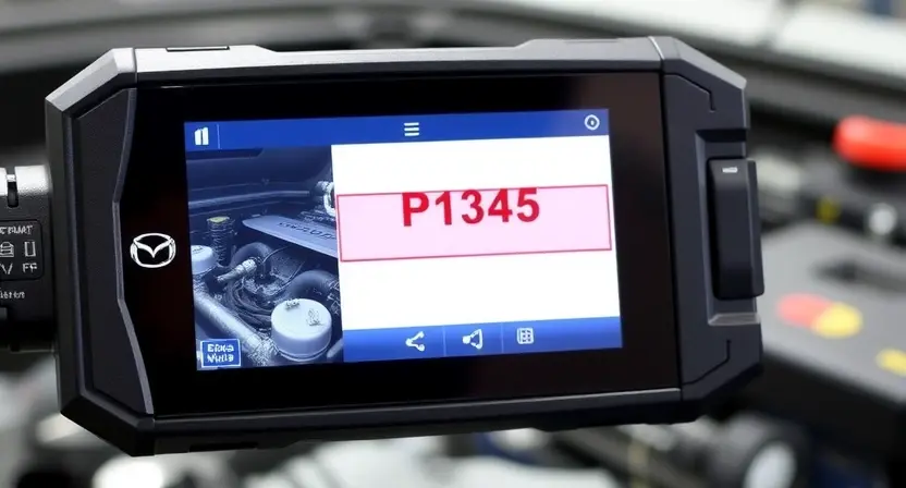 A high-quality diagnostic scanner displaying a Mazda vehicle's engine control system with a highlighted P1345 code on the screen, showing engine components like spark plugs and ignition coils, clean technical background, professional automotive diagnostic environment