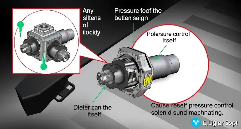 A detailed illustration of a car's pressure control solenoid experiencing a malfunction, with visual representations of internal components and potential causes like corrosion or blockage. Focus on the solenoid itself, highlighting any signs of damage.