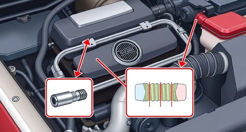 A detailed illustration of a car engine bay with a highlighted airflow meter sensor. The sensor should be clearly visible, with arrows pointing to its location and connections. Include a simplified diagram showing airflow entering the engine and being measured by the sensor. The overall scene should be clean and well-lit, focusing on the sensor and its role in engine operation. The background should show other engine components but remain secondary to the sensor.