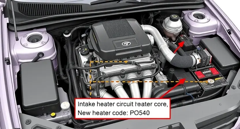A detailed illustration of a car's engine bay, specifically highlighting the intake heater circuit. Show the heater core, hoses, and wiring. The engine should be partially visible in the background. Focus on the components related to the P0540 error code.