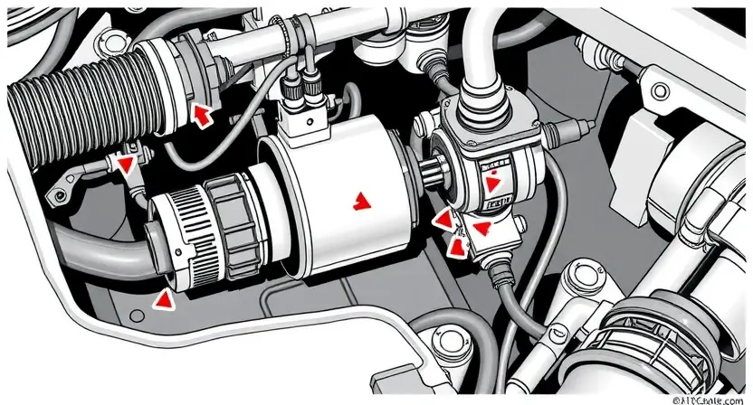 A detailed technical illustration of an automotive exhaust solenoid valve (AB series) showing a broken circuit, with visible wiring faults and component damage, rendered in a clean, high-quality technical diagram style suitable for automotive repair documentation
